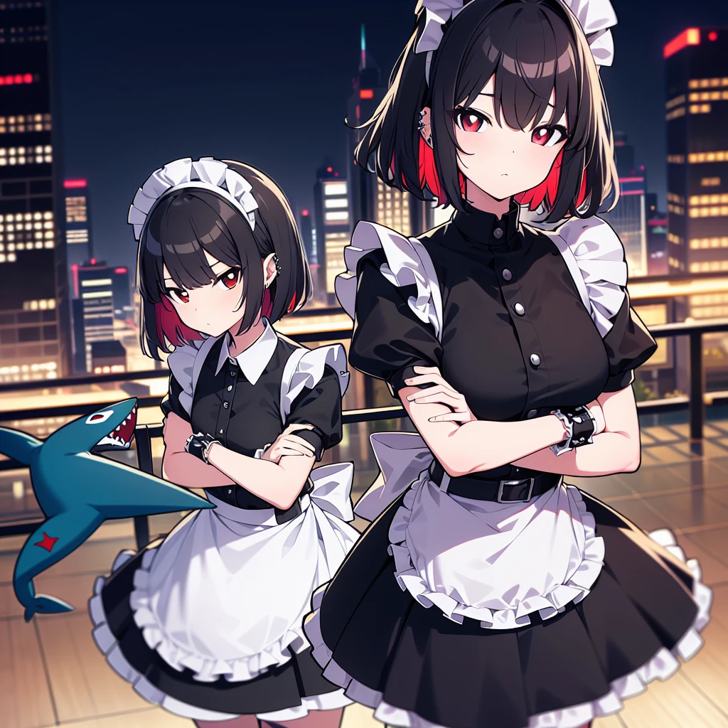 (cowboy shot), (ultra-high resolution, depth of field:1.2), Zenless Zone Zero, (Elen Joe:1.1),1woman, mature, black hair, short hair, inner color hair, (red eyes), medium breasts, crossed arms, maid dress, shark tail, maid apron, maid headdress, piercing, short sleeves, wrist cuffs, modern city scenery