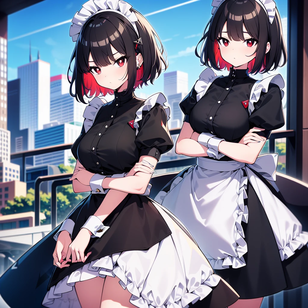 (cowboy shot), (ultra-high resolution, depth of field:1.2), Zenless Zone Zero, (Elen Joe:1.1),1woman, mature, black hair, short hair, inner color hair, (red eyes), medium breasts, crossed arms, maid dress, shark tail, maid apron, maid headdress, piercing, short sleeves, wrist cuffs, modern city scenery