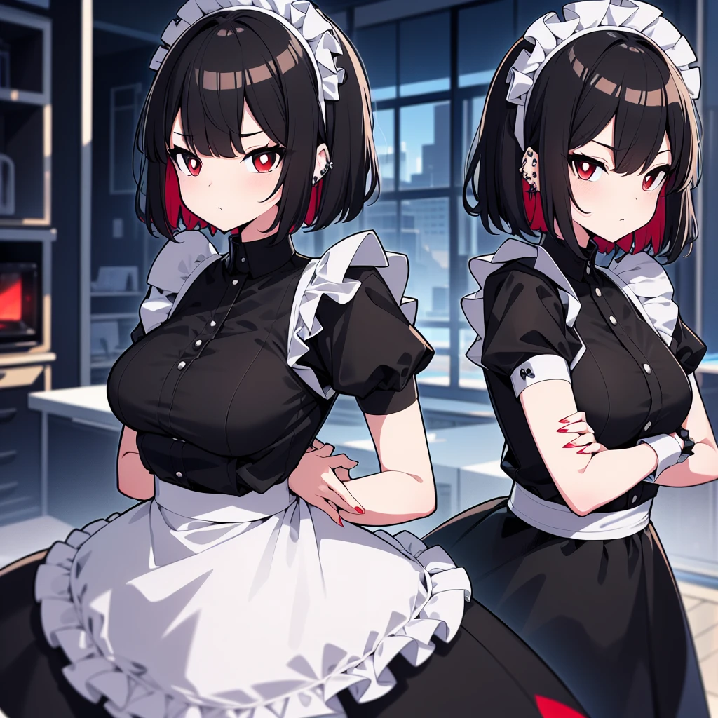 (cowboy shot), (ultra-high resolution, depth of field:1.2), Zenless Zone Zero, (Elen Joe:1.1),1woman, mature, black hair, short hair, inner color hair, (red eyes), medium breasts, crossed arms, maid dress, shark tail, maid apron, maid headdress, piercing, short sleeves, wrist cuffs, modern city scenery