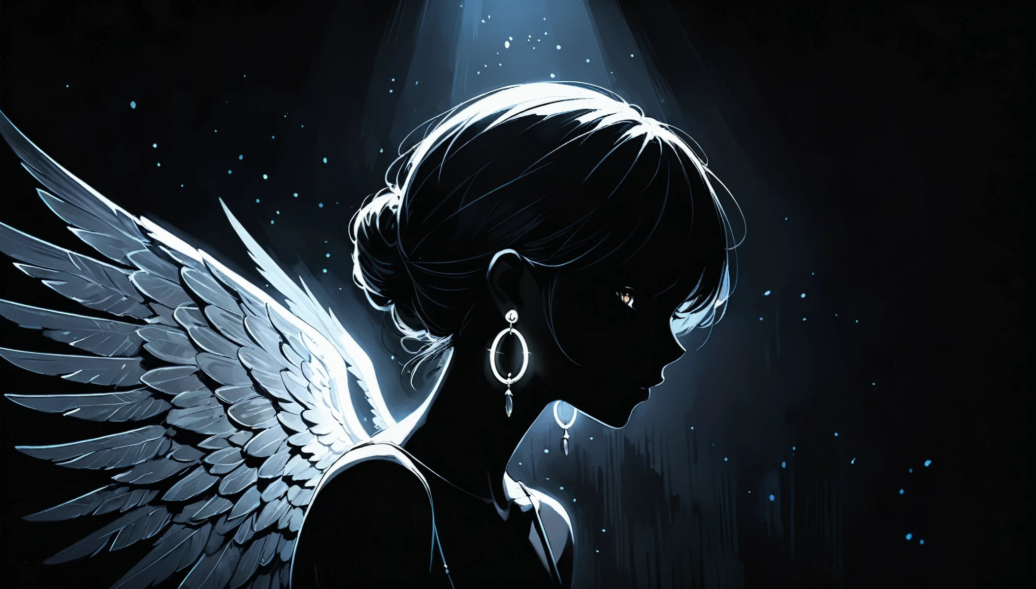 in style of Ashley Wood,in style of by Liu Ye,(in style of Santiago Caruso:0.9),
1girl,darkness,totally dark,in the incomprehensible gloom,1 girl,
(earrings emit intense bright light to break the darkness:1.3),faint lights,dark tones,absolutely dark glow,black_background,(obscured light:1.2),medium_shot,(the glow of the earrings illuminates the face collarbones and shoulders:1.1),(a strong contrast between light and darkness:1.2),from_side,light painting,lightline,anime illustration style,(light painted wings:1.3),light paints ear wings,silhouette,blurry,dithering,