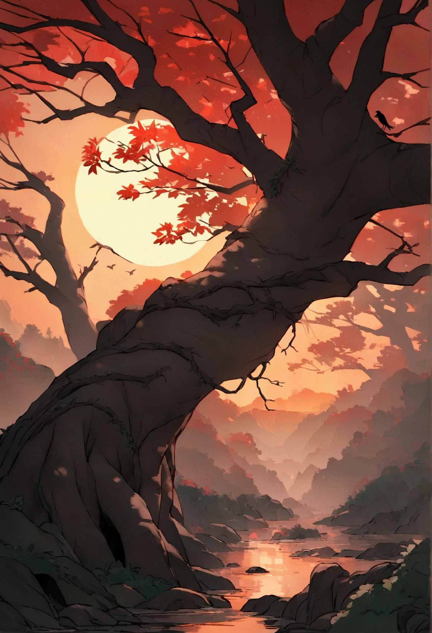RAW photo of the landscape,Dead vines, Old trees, and crows,small bridges and running water,Old Road West Wind Thin Horse,sun set,Burst intestines are the end of the world,Inspired by the poet Ma Zhiyuan of the Tang Dynasty,small detailed,realisti,Ultrarealistie Fotos,8K UHD,Digital SLR,soft lighting,high high quality,filmgrain,Fujifilm XT3,(masterpiece)