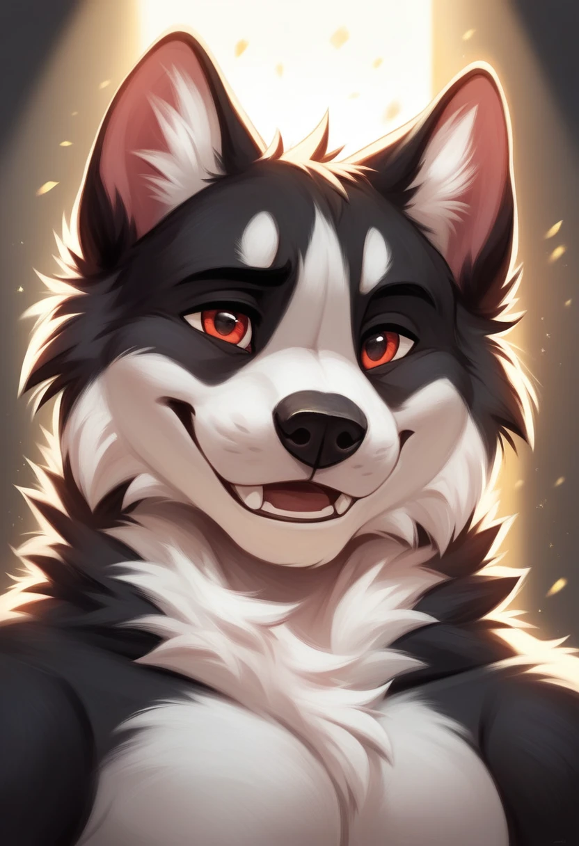 solo male, white borger collie, furry, smiling, red fur, Black fur stripe, netral, Traumatized face, dynamic lighting, illustration, beautiful, particles (high quality,4k,8k,highres,masterpiece:1.2), ultra-detailed, impressionistic:colorful,]