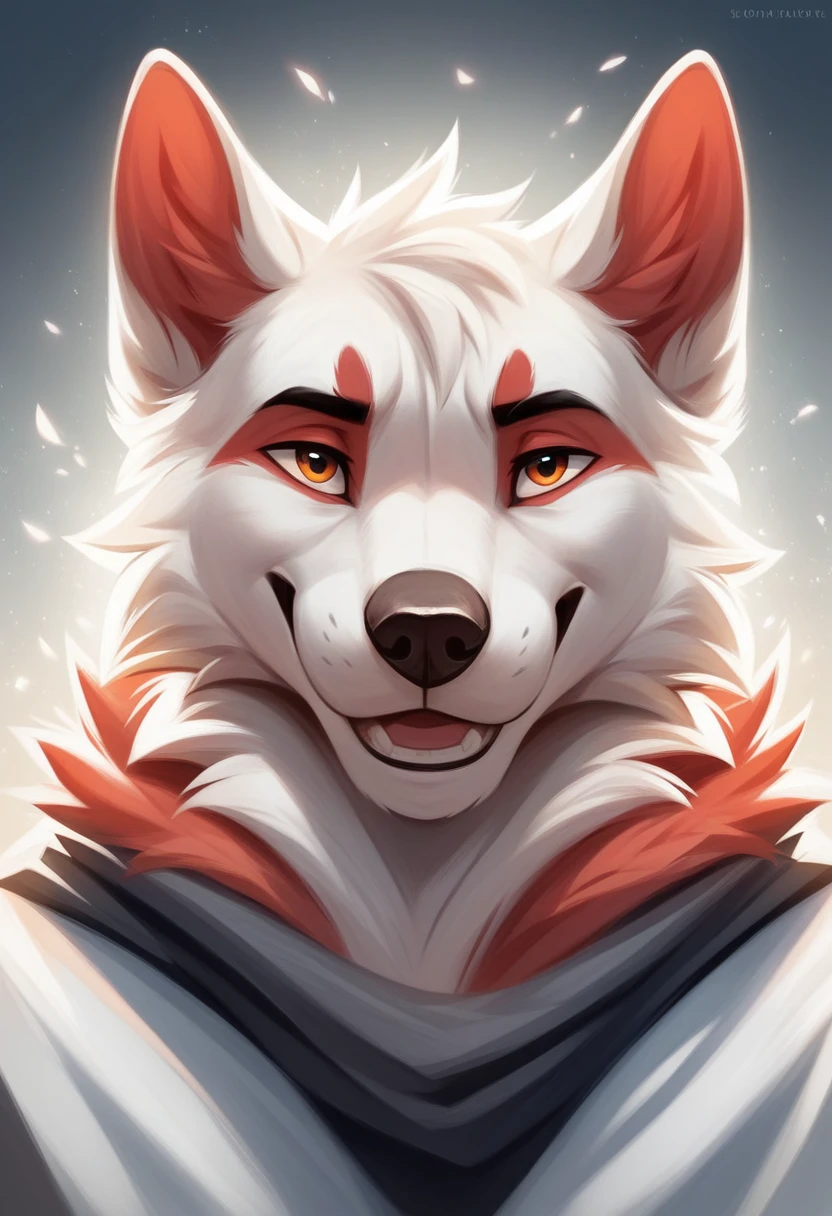 solo male, white borger collie, furry, smiling, red fur, Black fur stripe, netral, Traumatized face, dynamic lighting, illustration, beautiful, particles (high quality,4k,8k,highres,masterpiece:1.2), ultra-detailed, impressionistic:colorful,]