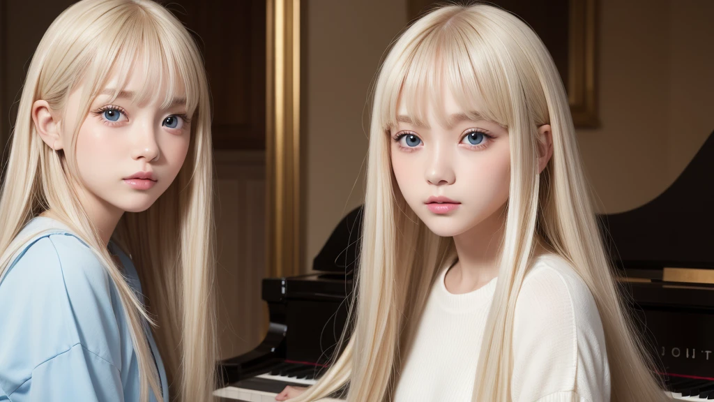Playing piano.
1girl in, Portrait, Oil Painting, Modern, The most beautiful girl in the world at 14 years old、Realistic proportions、lush lips、The eyes are a very beautiful pale blue.、Beautiful shining dazzling blonde hair、Super long straight hair、disheveled bangs hanging on the face,,、Pure white beautiful skin、Cheek luster、Beautiful face、Round face、Innocent face、bright expression、Juvenile look、Symmetrical face, Symmetrical eyes, Dynamic Pose, Convoluted, Intricate details, Sharp Focus、Small face beauty