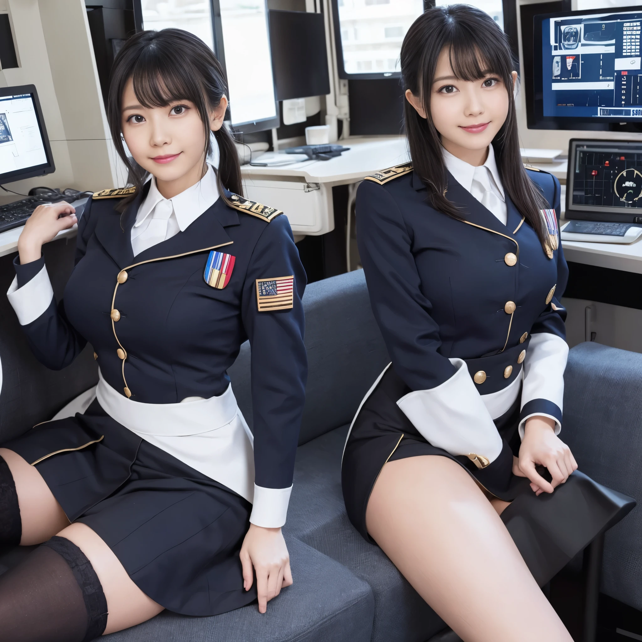(uniform、soldier、Navy uniform、Micro Mini Skirt、is、Black Hair、Big Ass、Black knee-high socks、operator、Inside the battleship、Panty Shot、Groin、From below)、Extremely sexy、Glamorous Body、Smile、Professional Lighting、Beautiful adult woman、Captivating thighs、Very large breasts、Cleavage、Sitting in the control room、Crossing your legs