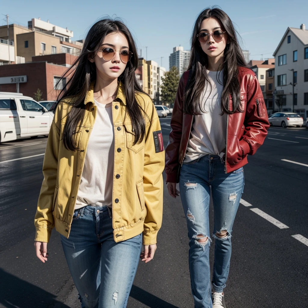  red skin, yellow eyes, long black hair, jeans jacket, walking on the roof, sunglasses