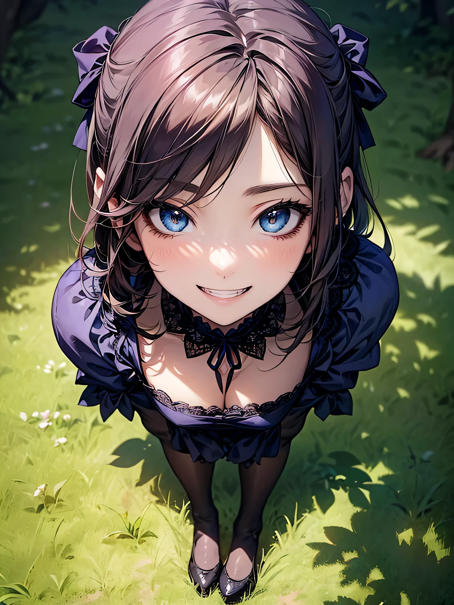 (Biologically correct limb count)、Full body, including face、4K、masterpiece、Focus on the face、Well-proportioned facial features、Delicate descriptive eyes、One beautiful woman、Excellent style、(Blue Gothic ta)、(Grin)、look up、Photos with white borders、Looking into the camera、Park lawn、