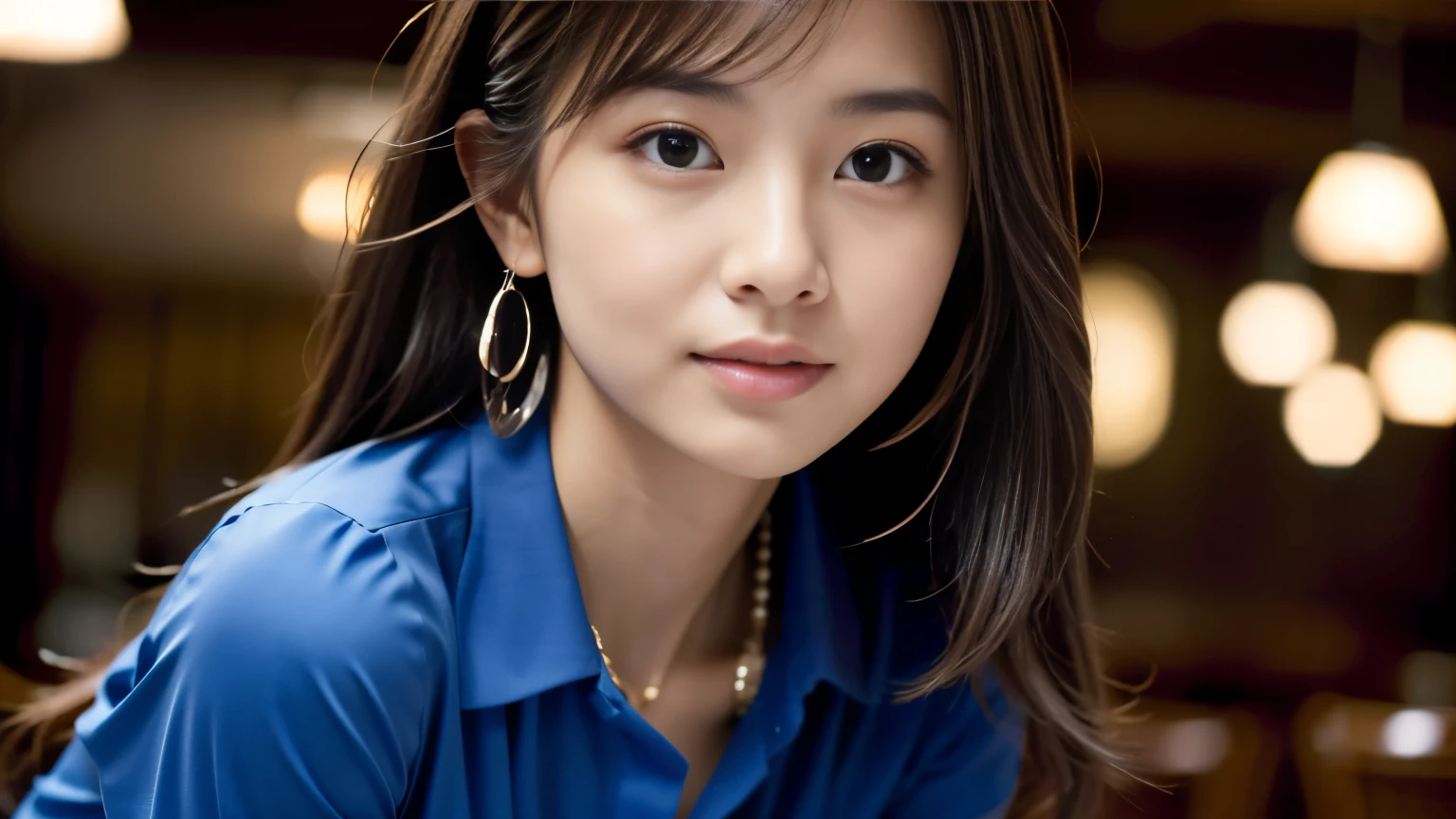 (masterpiece:1.3), (8k), (Highest quality:1.4), (Ultra-high resolution), (Realistic), (RAW Photos), (One girl), (Ultra high definition), (Detailed face), Perfect Face, (Detailed Hair), Beautiful Hair, bangs, Layered Cut, (Symmetrical eyes:1.3), (Detailed eyes), (Detailed skin), Realistic Skin, Ultra-high resolution, (Medium chest:0.6), (Slim figure), (supermodel figures), Cute Japanese Girls, 

(Wearing an Iron Blue damask shirt), Earrings, necklace, 
Portraiture, Photographed inside the cafe:1.3, Cinema Lighting:1.4