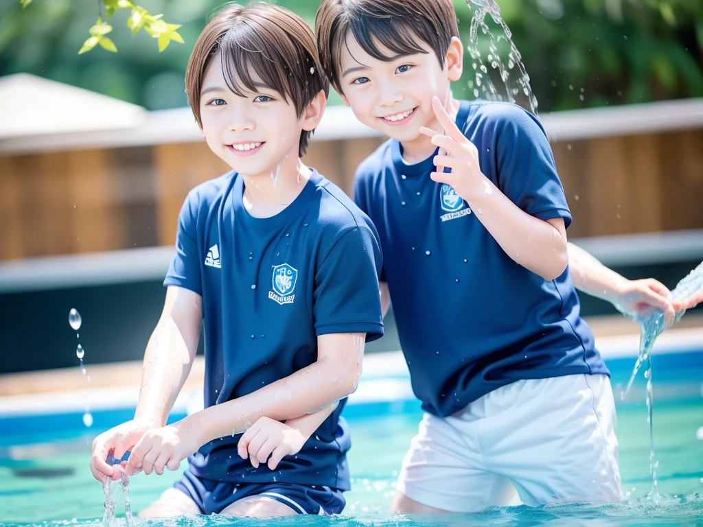 hot summer、primary school、Summer swimming pool、It is sunny、Pouring water on each other、Audible laughter、A lot of boys、Get wet all over、Japan Boy、Glowing water splashes、Pool lessons、Boy playing in water、The happy boys、Strong sunlight、Short sleeve gym uniform、Blue shorts、barefoot，Boys only 、１０Year old boy、９Year old boy、Highest quality、masterpiece