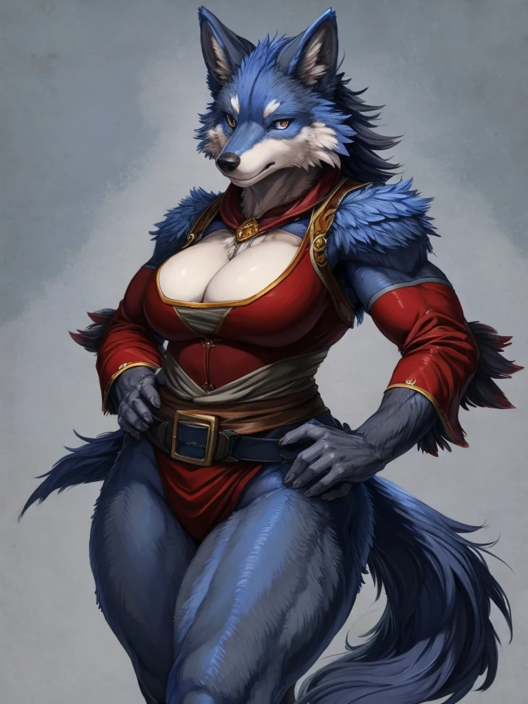 (masterpiece), (best quality),Woman ((anthro)) , (wolf girl),1girl,solo,(sharp focus),((look at viewer)),face focus,EdobWerewolf,,mature female, (ranger outfit), perfect eyes,eyeshadow, dr comet,pochincoff,Pixelsketcher, (mayosplash), (wamudrawasterpiece),cutesexyrobutts, hioshiru,kingbang,shiny skin, fluffy hips, (detailed dark blue gray fur:1.3),(old school fantasy art),, (massive muscles),((simple background:1.0)),gray background