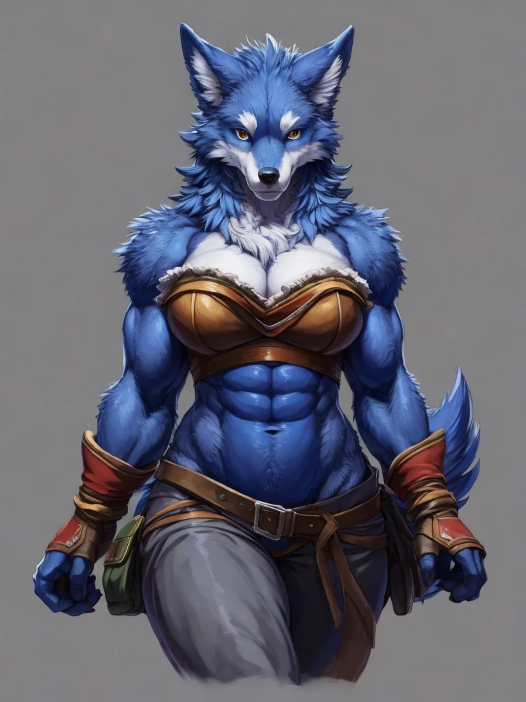 (masterpiece), (best quality),Woman ((anthro)) , (wolf girl),1girl,solo,(sharp focus),((look at viewer)),face focus,EdobWerewolf,,mature female, (ranger outfit), perfect eyes,eyeshadow, dr comet,pochincoff,Pixelsketcher, (mayosplash), (wamudrawasterpiece),cutesexyrobutts, hioshiru,kingbang,shiny skin, fluffy hips, (detailed dark blue gray fur:1.3),(old school fantasy art),, (massive muscles),((simple background:1.0)),gray background