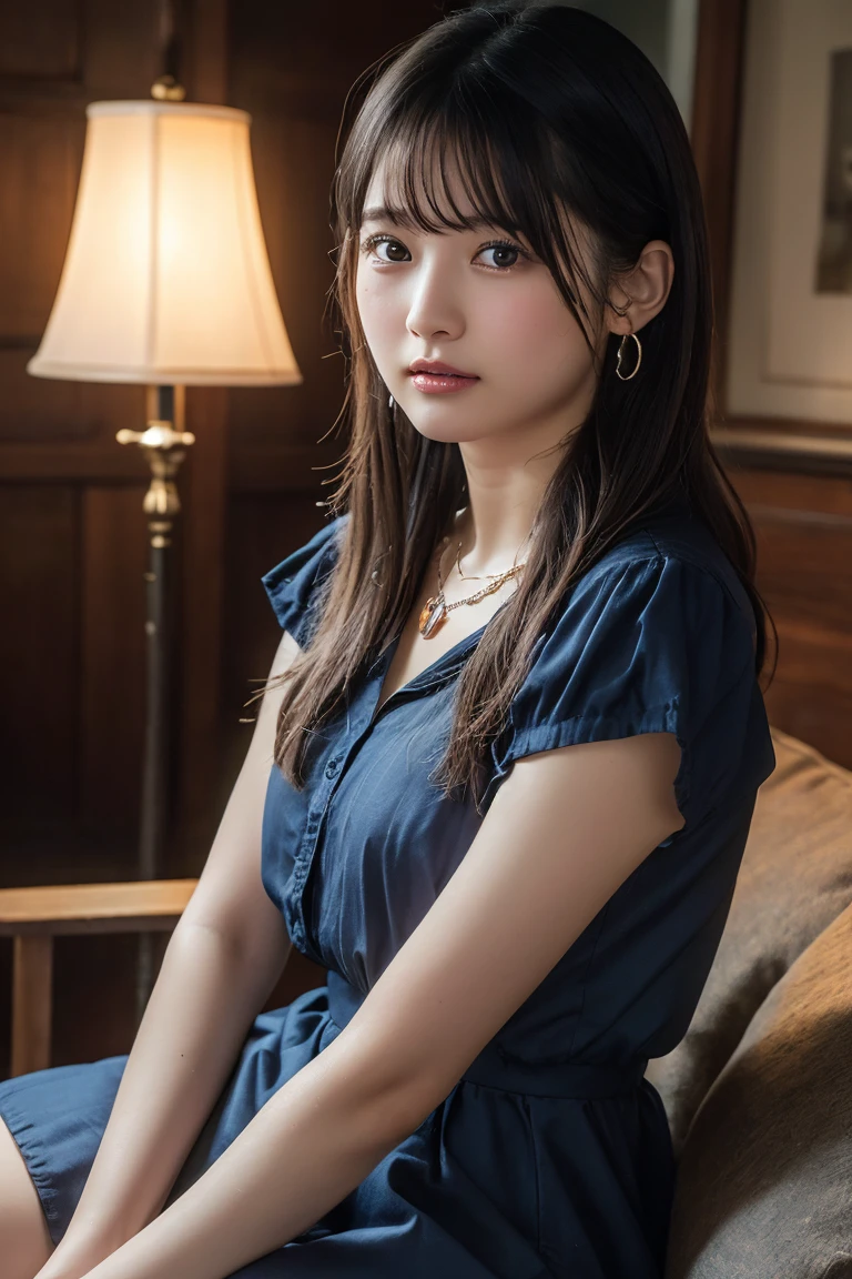 (Highest quality:1.4),(masterpiece:1.4),(Realistic:1.4),(Realistic:1.2),(超High resolution, RAW Photos:1.4),(High resolution, Ultra-detailed:1.2),(8k:1.2),View your viewers,Cinematic photography,One girl,skeletally correct,Black-haired woman,Woman in her early 20s,(Small earrings,necklace,Metallic Dresses),(Western-style building interior,Dimly lit room,The lamplight shines on my cheeks,Sit on the sofa)