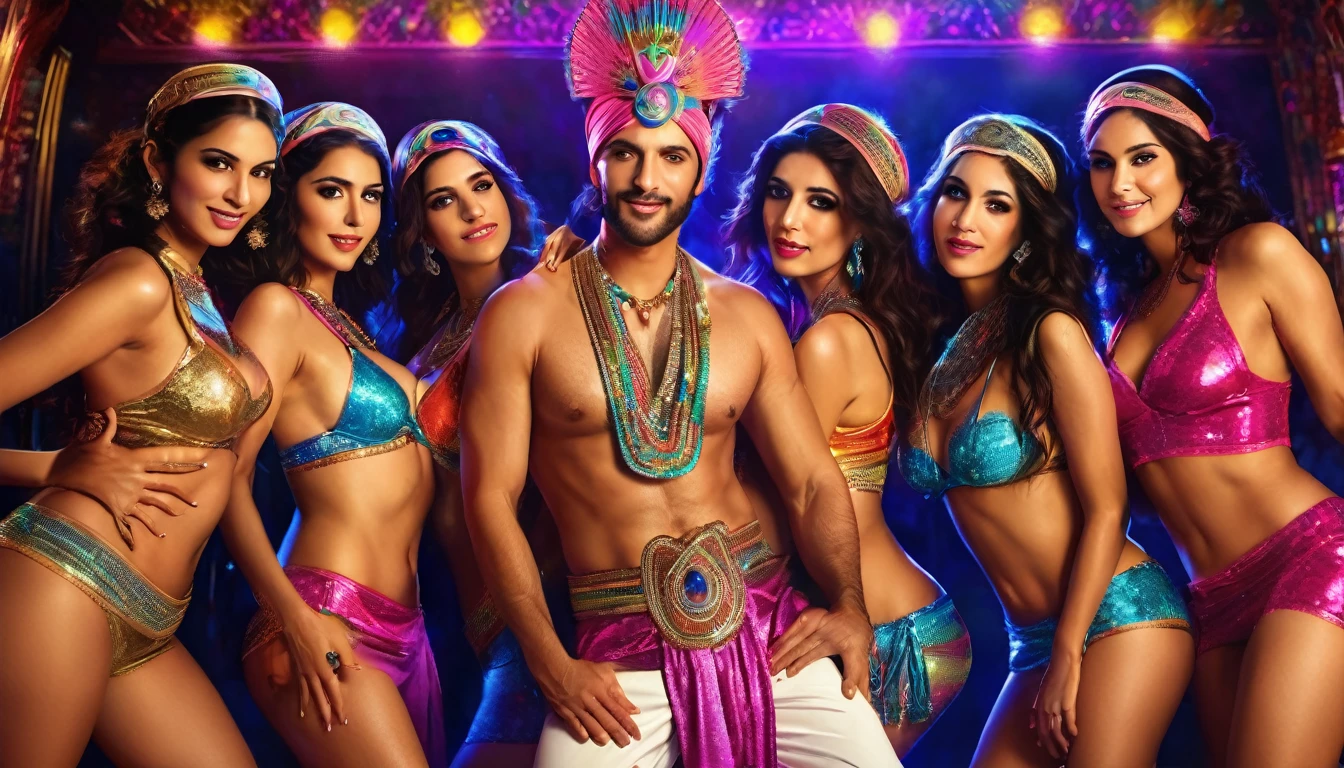 ((Best quality, 8k, Masterpiece: 1.3)), (realistic, photo-realistic: 1.37)one charismatic man surrounded by seven young Egyptian women in distinctive and sexy clothes wearing distinctive headbands with sexy meas lace bras. Seductive faces, Some hug and gently put their hands on his shoulders or body, creating an intimate and voluptuous scene. colourful discotheque lights and partying, full body shot, best quality, masterpiece, photorealistic, point of light