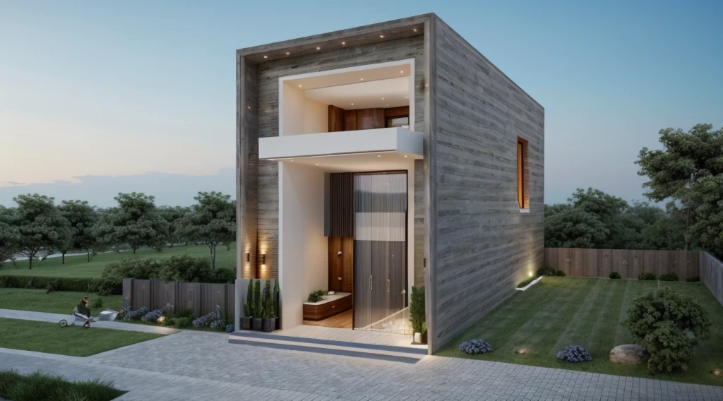 (((best quality, masterpiece))), (surreal, optical:1.2), high quality, (daylight:1.2), perfect lighting,(residential) modern house modern, main material ((wood: gray stone:0,4)), villa, modern gray house, modern, dynamic light, super light, ((light emitted from inside the house: 1.1)) , ((clear blue sky:1.3)), ((garden lights)), rock, peaceful, romantic , ((haze))