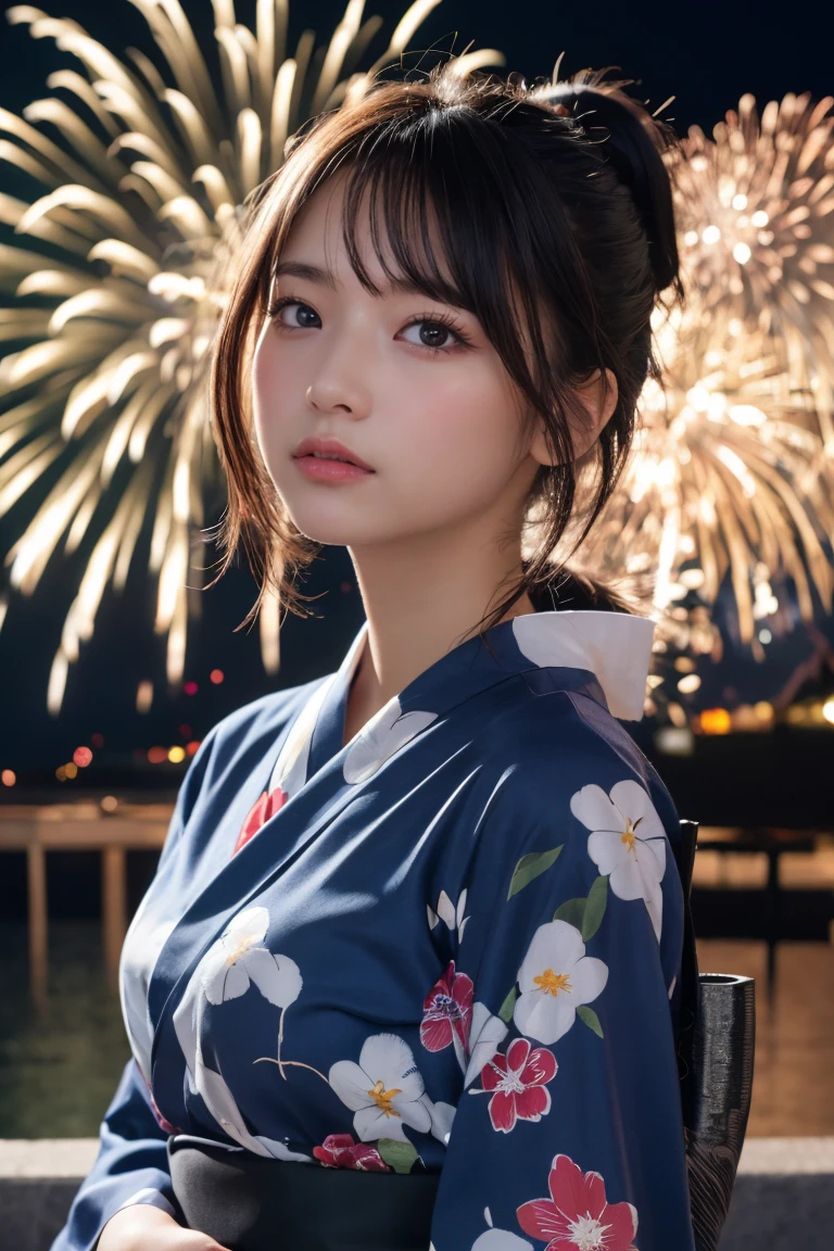 Highest quality, The finer details, (Beautiful single girl))), Highly detailed eyes and face, firework, yukata, looking up at firework, ponytail, Large tear bags, double eyelid