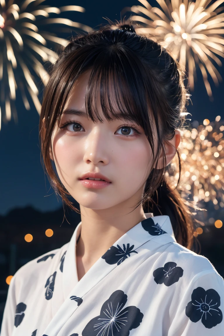 Highest quality, The finer details, (Beautiful single girl))), Highly detailed eyes and face, firework, yukata, looking up at firework, ponytail, Large tear bags, double eyelid