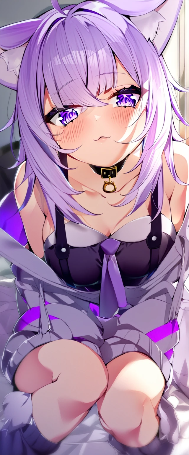 score_9, score_8_up, score_7_up, score_6_up, uncensored, quinella, absurdly purple hair, long hair, hair ornament, purple eyes, sweating, BREAK (masterpiece:1.2), best quality, high resolution, (detailed eyes:1.3), perfect lighting, (perfect hands, perfect anatomy), (small breasts:1.3), chain, chained, cuffs, shackles, handcuffs, broken_chain, restrained,  bound, bdsm, 1girl, anchor, broken, bondage, swing, flail, sickle, lock, solo, collar, rating:questionable, hollow eyes, expressionless, teeth, leash