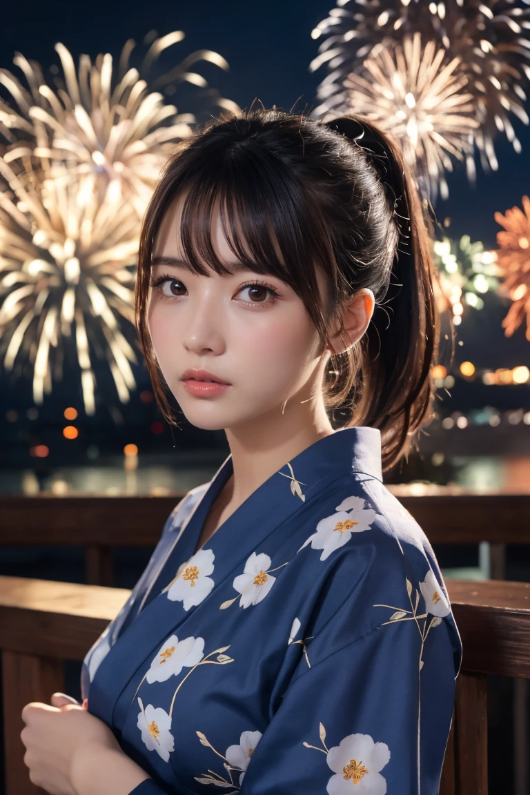 Highest quality, The finer details, (Beautiful single girl))), Highly detailed eyes and face, firework, yukata, looking up at firework, ponytail, Large tear bags, double eyelid