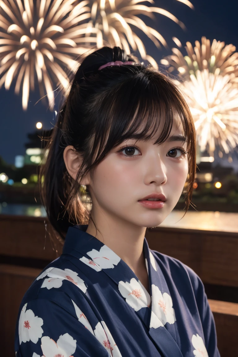 Highest quality, The finer details, (Beautiful single girl))), Highly detailed eyes and face, firework, yukata, looking up at firework, ponytail, Large tear bags, double eyelid