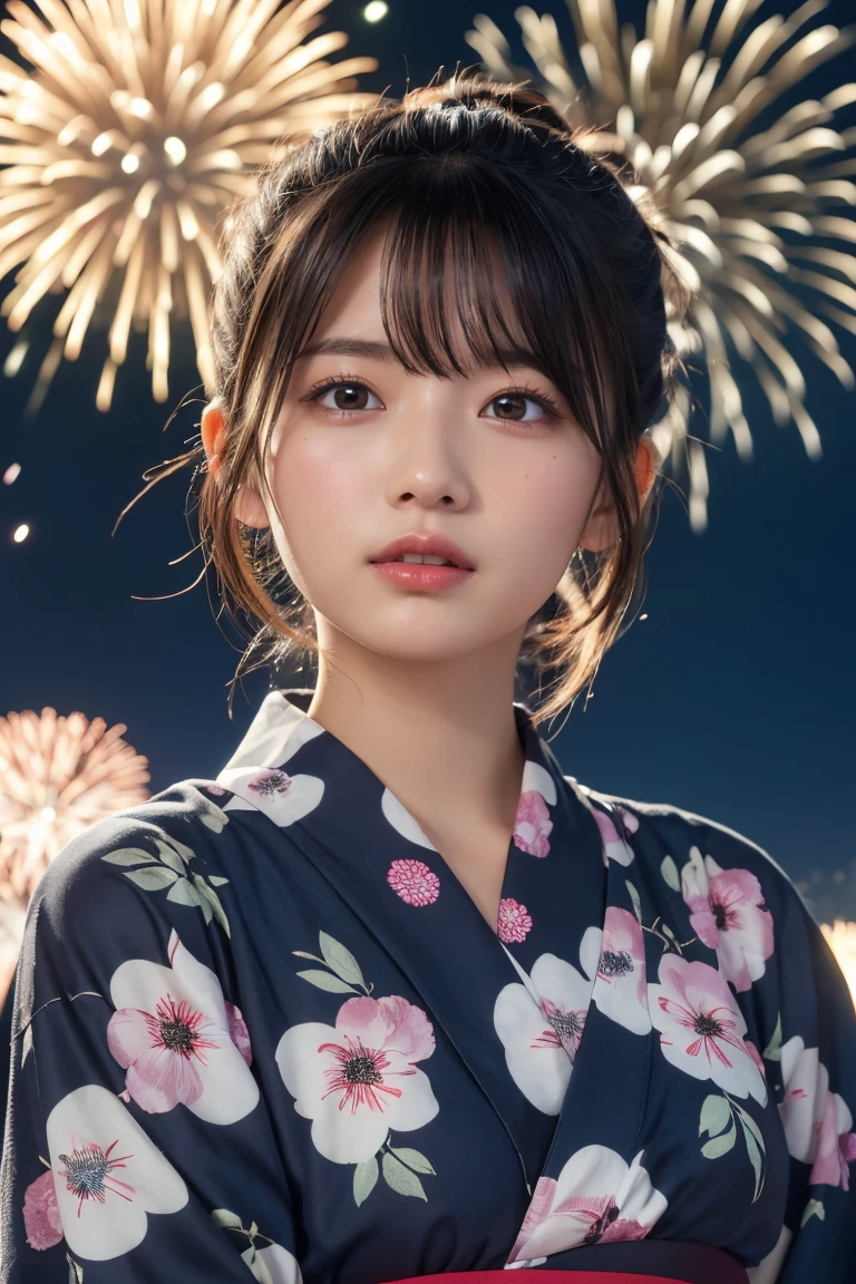 Highest quality, The finer details, (Beautiful single girl))), Highly detailed eyes and face, firework, yukata, looking up at firework, ponytail, Large tear bags, double eyelid