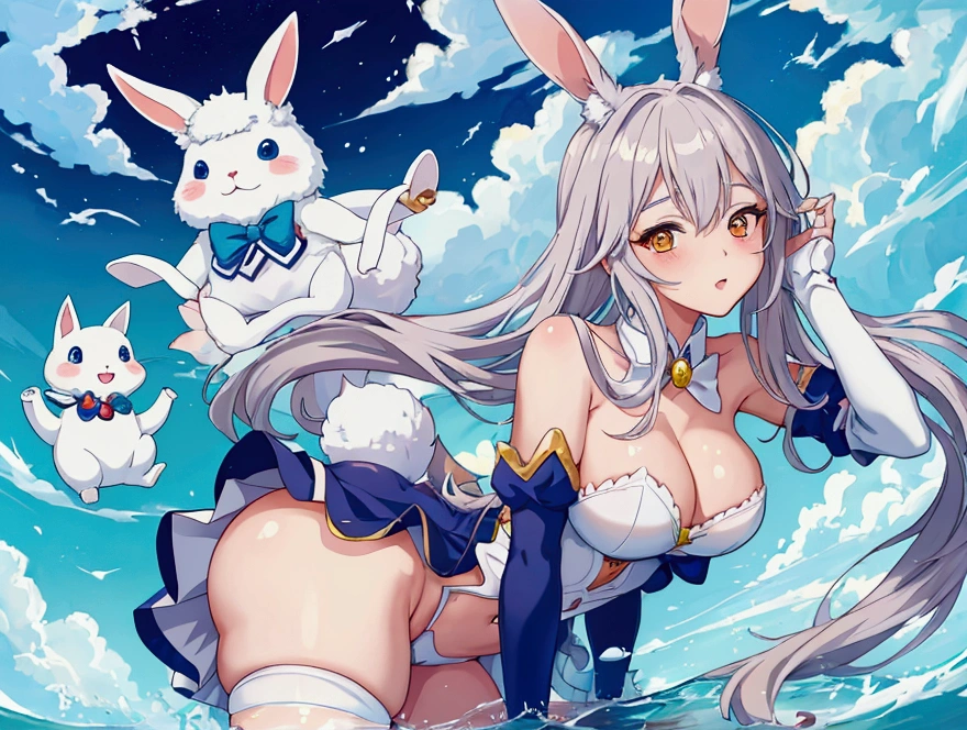 There's a rabbit girl showing her perky ass, garota sensual, anime isekai, vagina, monotone, 