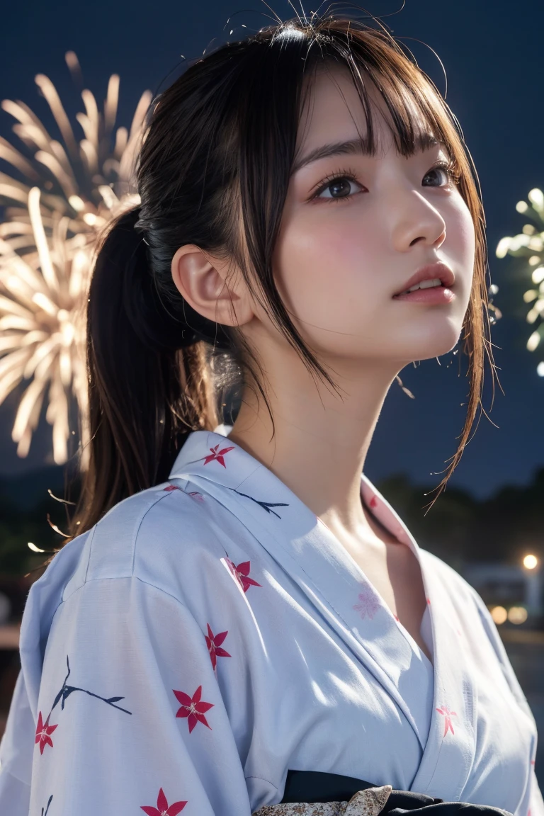 Highest quality, The finer details, (Beautiful single girl))), Highly detailed eyes and face, firework, yukata, looking up at firework, ponytail, Large tear bags, double eyelid