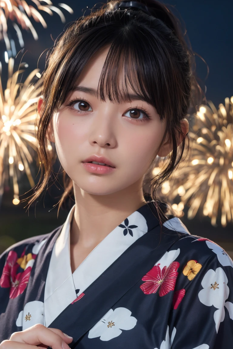 Highest quality, The finer details, (Beautiful single girl))), Highly detailed eyes and face, firework, yukata, looking up at firework, ponytail, Large tear bags, double eyelid