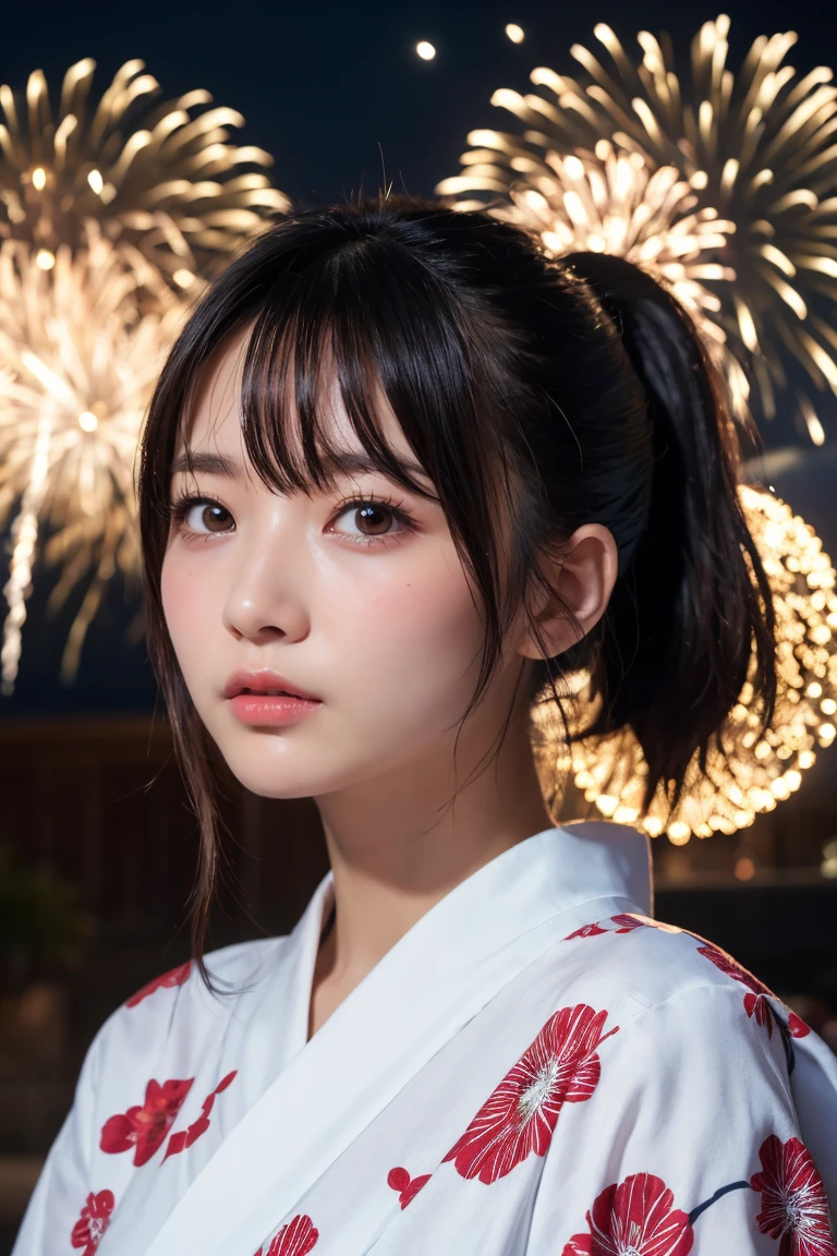 Highest quality, The finer details, (Beautiful single girl))), Highly detailed eyes and face, firework, yukata, looking up at firework, ponytail, Large tear bags, double eyelid