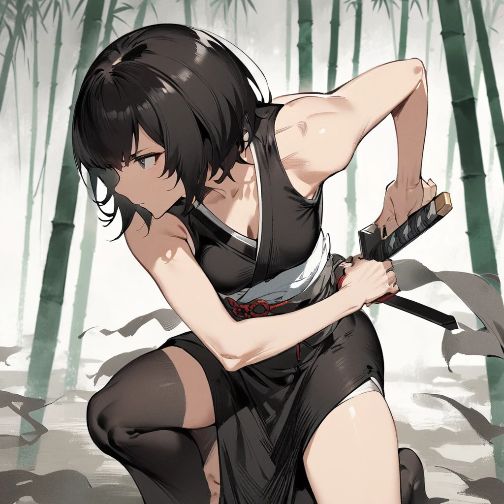 Top quality, masterpiece, high resolution, alone, sumi-e style, samurai girl, long black hair that reaches her shoulders, black eyes, kimono, holding a Japanese sword, Absence,beautiful posture, bamboo forest, moonlit night,Cut in a low stance
