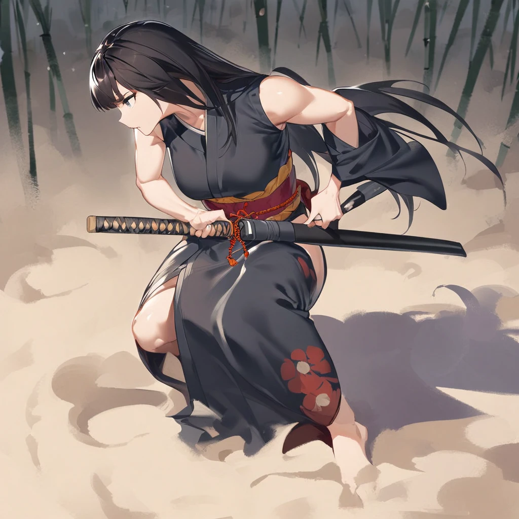 Top quality, masterpiece, high resolution, alone, sumi-e style, samurai girl, long black hair that reaches her shoulders, black eyes, kimono, holding a Japanese sword, Absence,beautiful posture, bamboo forest, moonlit night,Cut in a low stance
