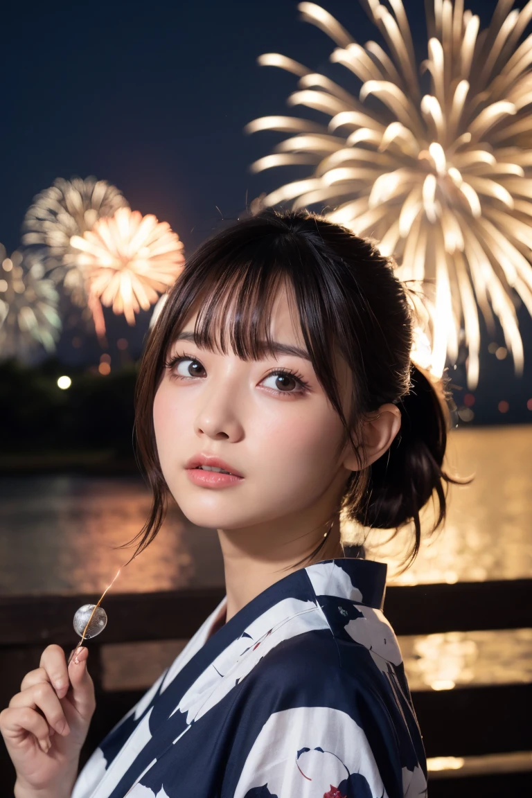 Highest quality, The finer details, (Beautiful single girl))), Highly detailed eyes and face, firework, yukata, looking up at firework, ponytail, Large tear bags, double eyelid