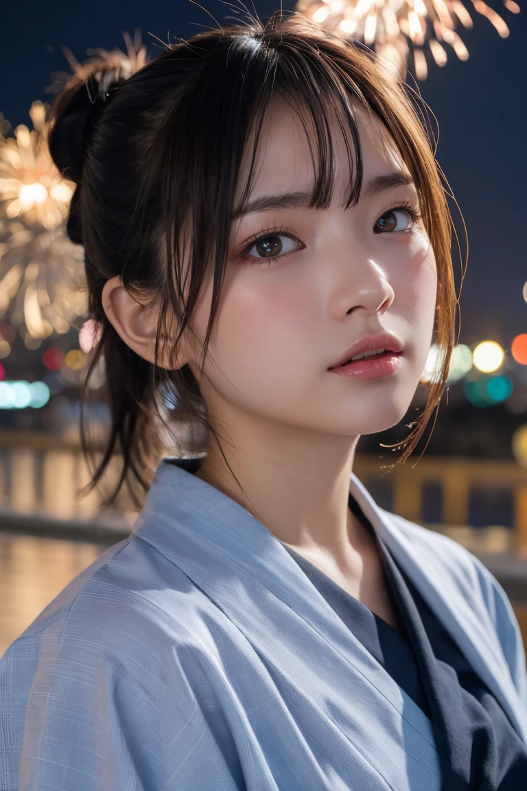 Highest quality, The finer details, (Beautiful single girl))), Highly detailed eyes and face, firework, yukata, looking up at firework, ponytail, Large tear bags, double eyelid