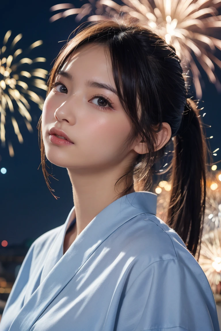 Highest quality, The finer details, (Beautiful single girl))), Highly detailed eyes and face, firework, yukata, looking up at firework, ponytail, Large tear bags, double eyelid