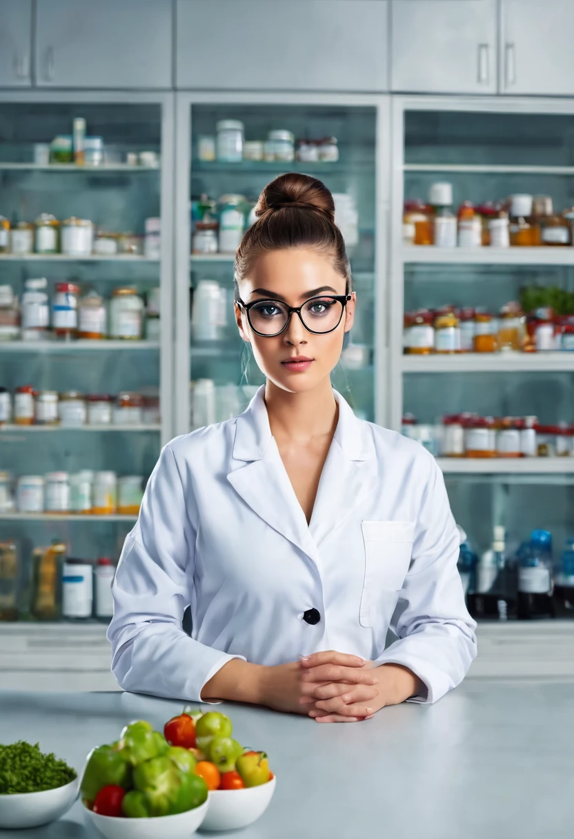 Can I get a beautiful woman with glasses in a bun with a lab coat