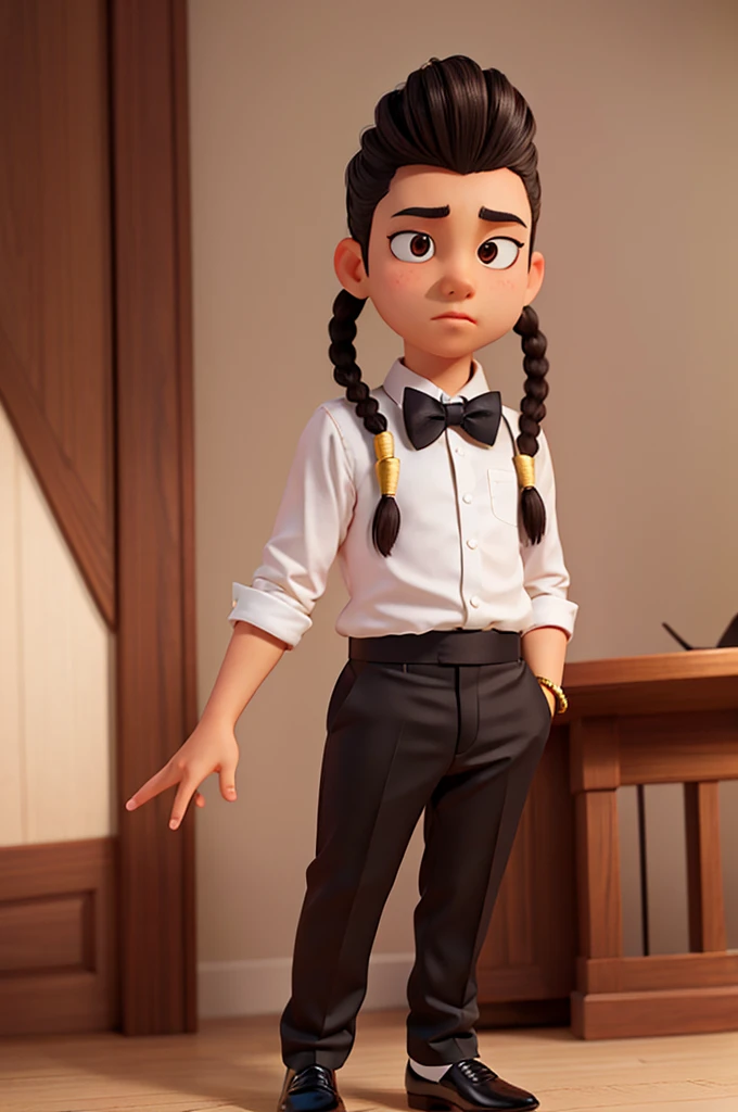 Character Name: Eddynho

Appearance:

Skin Tone: Rich and dark.
Hair: Long braids on top of the head, styled in a fun and elegant way, with the sides shaved cleanly and elegantly.
Eyes: Large, expressive brown eyes with long lashes that convey a sense of curiosity and wonder.
Outfit: A stylish, well-fitting black suit over a crisp white shirt. The suit has subtle, intricate patterns that add a touch of uniqueness to Eddynho's sophisticated look. Well-fitting black dress pants and polished black pumps complete the ensemble.
Accessories:

Tie or Bow Tie: A sleek black tie or a cute, patterned bow tie that adds a touch of charm.
Jewelry: Small, simple earrings that subtly sparkle.
Personality:

Eddynho is a confident, intelligent  and exudes a sense of elegance. He is also playful and adventurous, always ready to explore new places and make new friends.
He has a kind heart and often goes above and beyond to help others, making him a beloved character among children and adults alike.