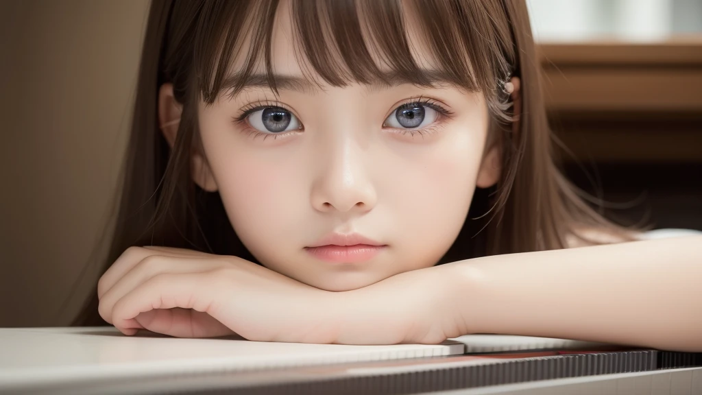 ((highest quality), 4k, High resolution, masterpiece), 

(front view), (Looking Down from Above:1.5), (upturned eyes :1.5), 
Bright Morning, (Professional lighting:1.2), 

(neat and clean 10 yo japanese girl:1.6), 

(flat chest), (a young and slight body:1.2), (a thin and delicate body:1.2), Delicate clavicle, Narrow shoulders, Thin arms, low chest, (Tight waist1.2), (small ass:1.2), (Thin legs), (Thin thighs), Thin neck, Pale skin, 

((Staring into the camera)), 

((detailed beautiful face:1.6)), (Little baby face:1.4), (small face:1.2), ((No makeup:1.6)), 
((Beautifully detailed eyes:1.6)), (Symmetrical eyes:1.4), Dark brown eyes, Big round eyes, Shining Eyes, double eyelid, Delicate eyebrows, Moist lips, 

hair bun, open forehead, 
(white camisole, small nipples clearly visible), 
Sitting on bed, (cum in her mouth:1.2)