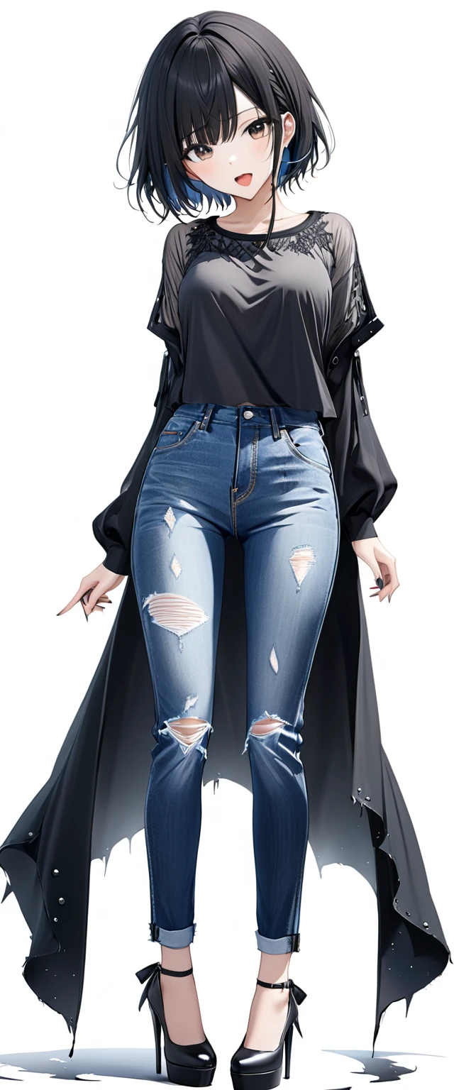 (((White background:1.5)))、(A Scandinavian gothic metal girl singing with a microphone in both hands and an open mouth),(The entire subject is captured),(((full body:1.2))),(very wide shot)、(masterpiece、Ultra HD、Highest quality、Masterpiece、４K:1.2)、８Slender body with a perfect head、Intense gaze into the camera, Highly detailed eyes, Highly detailed fingers、Short black hair、Top is a shirt、Distressed jeans underneath, Wearing high heels、Singing with dynamic poses、frontal face、View from the front