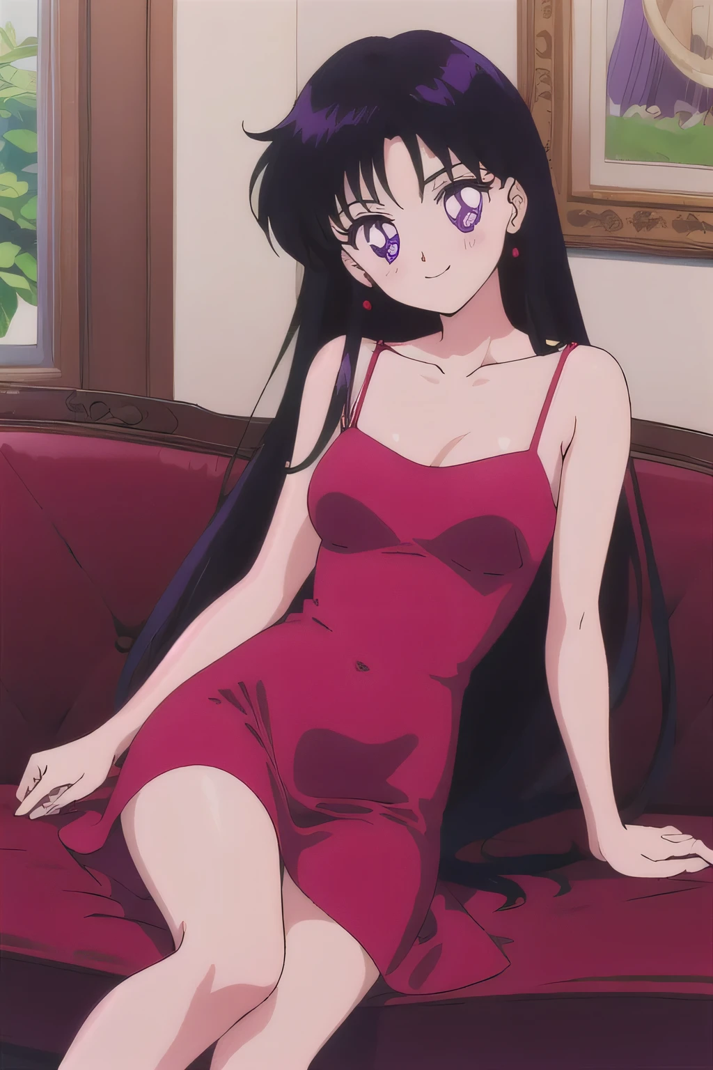 1990s \(style\), Best quality, masterpiece, Teenager, Rei Hino, Long black hair, purple eyes, Smile, Bare Neck, Bare Arms, Bare Shoulders, red dress, taut dress, spaghetti strap red dress, sleeveless, medium breast, sitting on a pink couch, blush, looking at viewer, indoor, in the center
