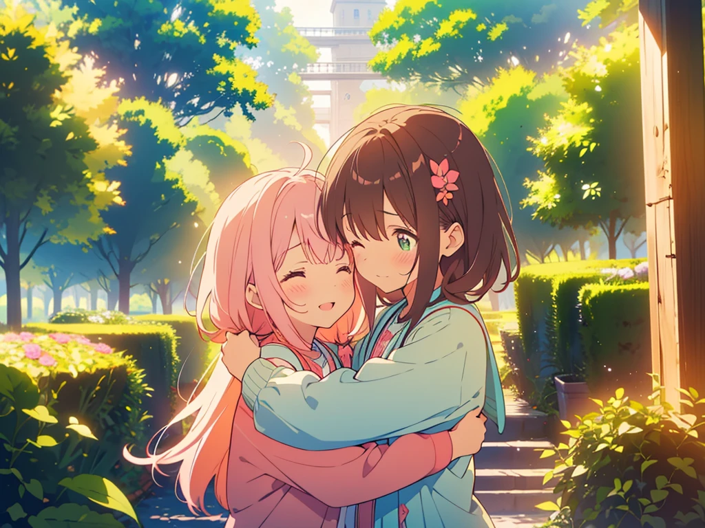 kawaii, anime, Cute, hyper quality, highly detailed, 8k, Clarity, One person has long dark brown hair and green eyes., The other is a young girl with a bright pink short bob and scarlet eyes., Hug each other in Europe's natural water gardens, shed tears, A touching reunion, warm atmosphere, clear blue sky, jump on, whole body, clear air, planted flowers and greenery, Draw facial expressions in detail, highlight on eyes, Close your eyes and cry and laugh, pull perspective, hoodie, Uplifting, jump and hug, Draw the whole body of both of them, light dances, pink hair, Netherlands, pick up a , A small butterfly of light dances, there is a height difference, pink hair, dark brown long hair,