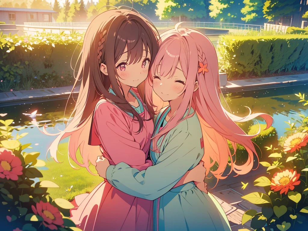 kawaii, anime, Cute, hyper quality, highly detailed, 8k, Clarity, One person has long dark brown hair and green eyes., The other is a young girl with a bright pink short bob and scarlet eyes., Hug each other in Europe's natural water gardens, shed tears, A touching reunion, warm atmosphere, clear blue sky, jump on, whole body, clear air, planted flowers and greenery, Draw facial expressions in detail, highlight on eyes, Close your eyes and cry and laugh, pull perspective, hoodie, Uplifting, jump and hug, Draw the whole body of both of them, light dances, pink hair, Netherlands, pick up a , A small butterfly of light dances, there is a height difference, pink hair, dark brown long hair,
