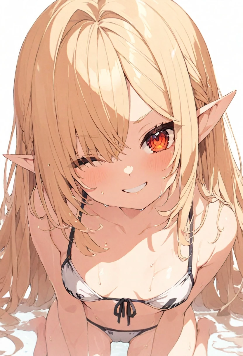 (muste piece), (best quality), (score_9, score_8_up, score_7_up), very detailed eyes, expressive eyes, perfect face, very detailed face, highly detailed face, beautiful girl, 8K, beautiful girl, white background, delicate and beautiful face and eyes, dark intense shadow, 
1 girl, vtuber style, cool girl, hololive, (:1.3), Shiranui Flare, Elf ears, blond hair, dark skin, mini bikini, front-tie bikini top, soaked T-shirt, small chest, cropped shoulders, clavicle, cameltoe, wet body, wet hair, one eye close winking, smile, body visible through clothes, chest visible through clothes, ass visible through thighs, (full body), barefoot, naked thighs, sitting, open legs wide, from below, pov crotch,