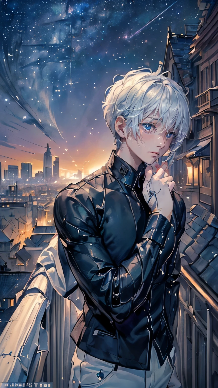 ((4K Workasterpiece、(Highest quality)、Beautiful Boy、The body is slim、expensive、((Black Y-shirt and white pants、Charming British knight style))、Please wear a jacket、(Beautiful eyes in every detail)、Fantastic night city、((city under the starry sky))、Fantastic city at midnight、((Face similar to Carly Rae Jepsen))、((short-haired gray hair))、((Makes your face smaller))、((Neutral face))、((Bright Blue Eyes))、((American adult male))、((Adult male, 26 years old))、((Cool guy))、((Like a celebrity))、((Crying face))、((Sad look))、((Korean Makeup))、((elongated and sharp eyes))、((Happy Date))、((boyish))、((Upper body photo shoot))、Professional photos、((Shot alone))、((She is looking up at the sky under the roof))、((Shooting from the side))、((Crying profile))、((Crying face in pain))、((He is looking up))、((His eyes are looking down))、((He stands next to the viewer))、((The Cryer))、I&#39;m crying with a stick.、Man standing and crying、Lonely、Sad、Desolate、Suffocate、Heartbreaking、it hurts、Tears dripping down my cheeks