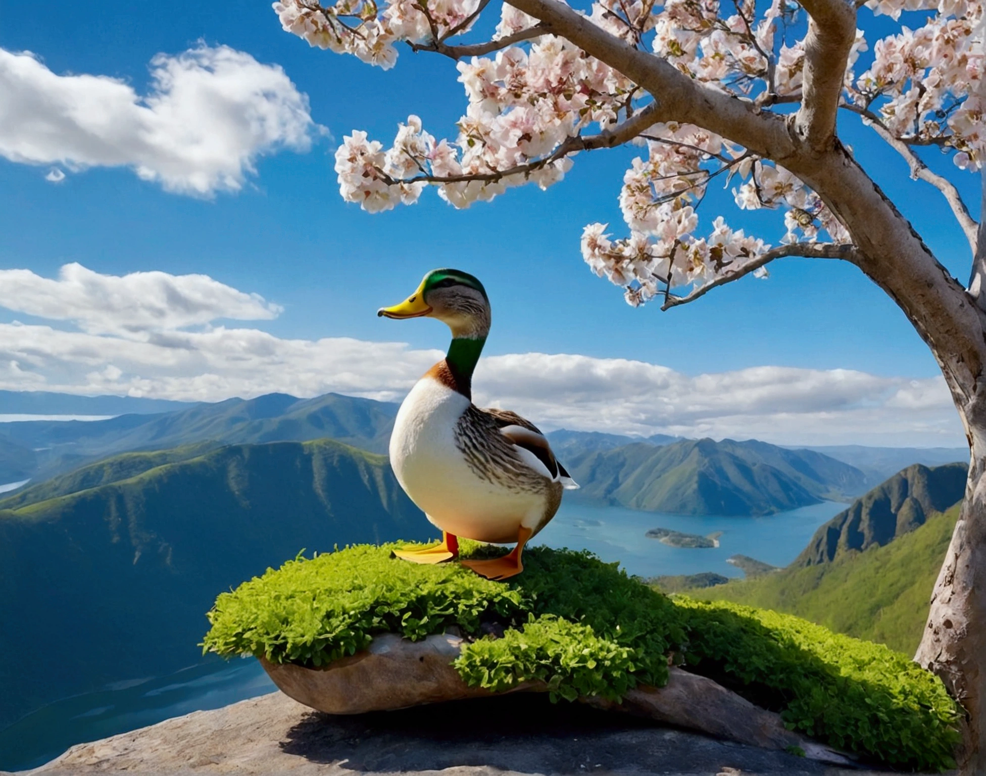 Green Fox Sitting,4K with a duck in a yoga pose, balancing gracefully on top of a majestic mountain. The scenery in the background is a clear blue sky with some scattered white clouds., and the duck is in a tree position (Vrksasana), with one leg raised and wings extended to the sides. The vegetation around the mountain is lush green., with some colorful flowers dotting the scene. The duck&#39;s expression is one of concentration and serenity, reflecting a moment of peace and harmony in nature.