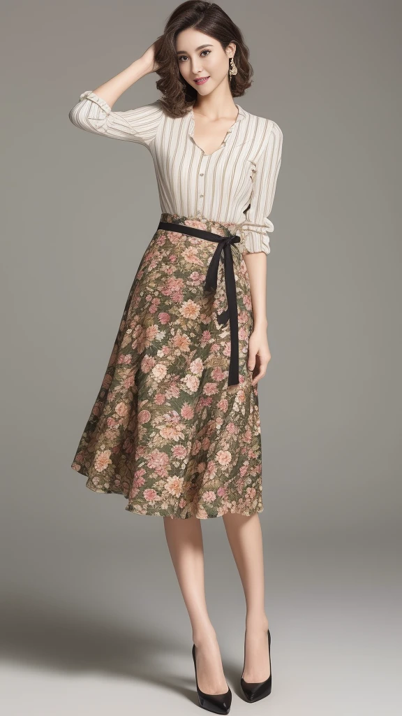 ((masterpiece)),(((Highest quality))),Thin thighs,Long legs,whole body:1.5，(One Girl:1.3),(Black high heels：1.3),(Wearing a floral striped mid-long flared skirt dress:1.2),Lift up the hem of your skirt with both hands:1.5，Curly blonde hair:1.2、Model pose with legs apart:1.5，Bright expression:1.5，Thighs exposed:1.5，
