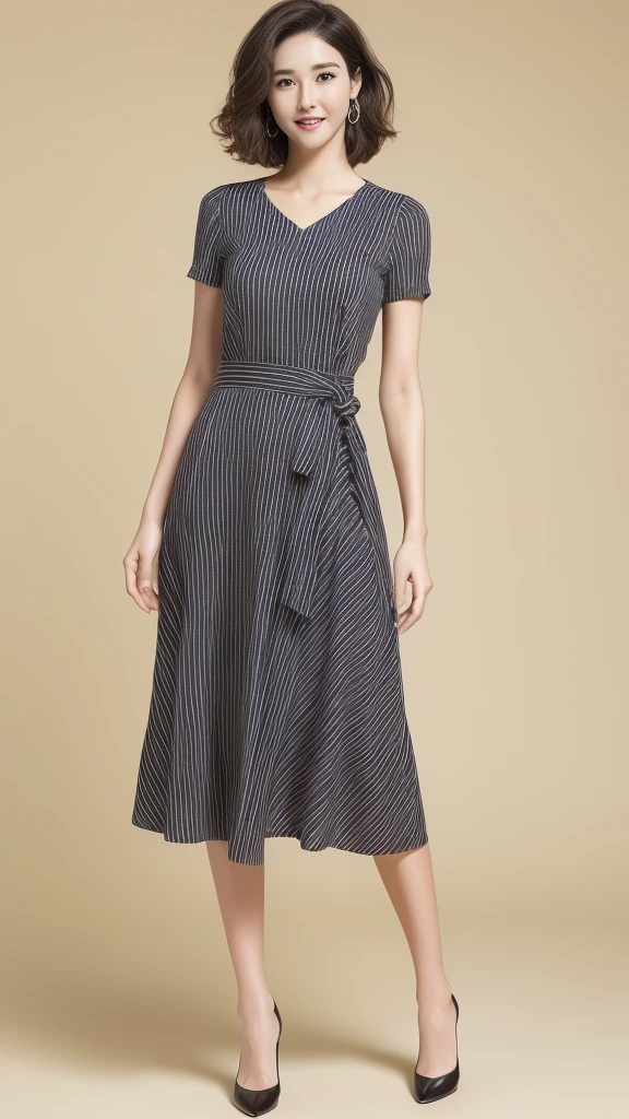 ((masterpiece)),(((Highest quality))),Thin thighs,Long legs,whole body:1.5,(One Girl:1.3),(Black high heels:1.3),(Wearing a floral striped mid-long flared skirt dress:1.2),Lift up the hem of your skirt with both hands:1.5,Curly blonde hair:1.2、Model pose with legs apart:1.5,Bright expression:1.5,Thighs exposed:1.5,