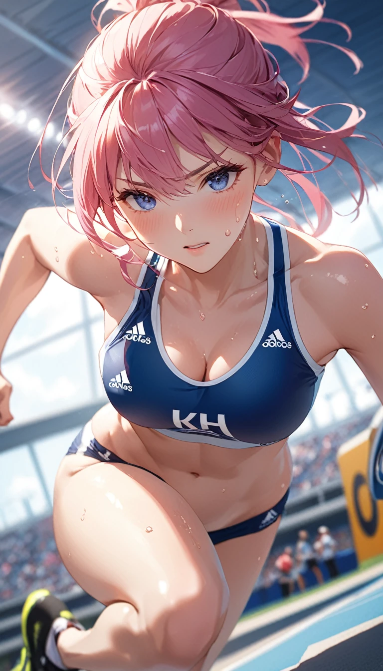 (((masterpiece))),(((High resolution)))、(((8K quality)))、(((Perfect Face)))、((Top quality eyes)), One Girl、24-years-old、Best Bust、Large Breasts、Beautiful Eyes、hot pink hair, ((Very Short Hair))、blue eyes, Paris Olympics、track-and-field arena、A highly revealing athletics uniform, ((underboob)), wet body, Serious expression、Sweat、Dynamic Angle、Running at full speed