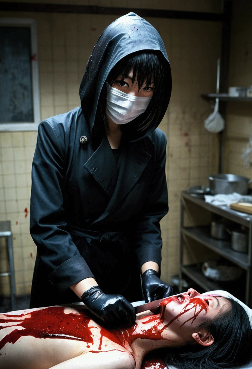 japanese girl, (behind corpse, surgical mask), holding knife, stabbing, black gloves, room full of blood, black trench coat, hood up, holding knife, black gloves, behind corpse, blood splatter, long bangs, black wet suit, night, mass murderer, robbery, dark atmosphere, cinematic lighting, atmospheric realistic,
