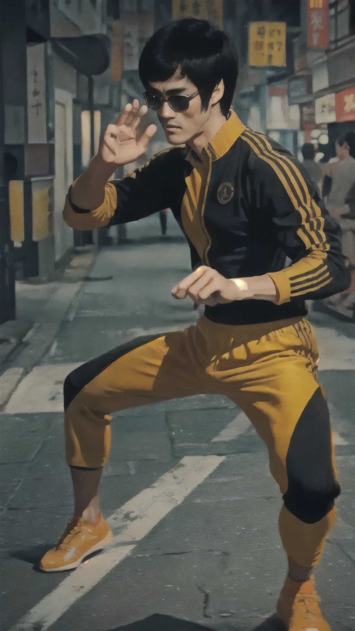 Bruce Lee wears a yellow tracksuit、Hong Kong backstreet background at night、Face the enemy、