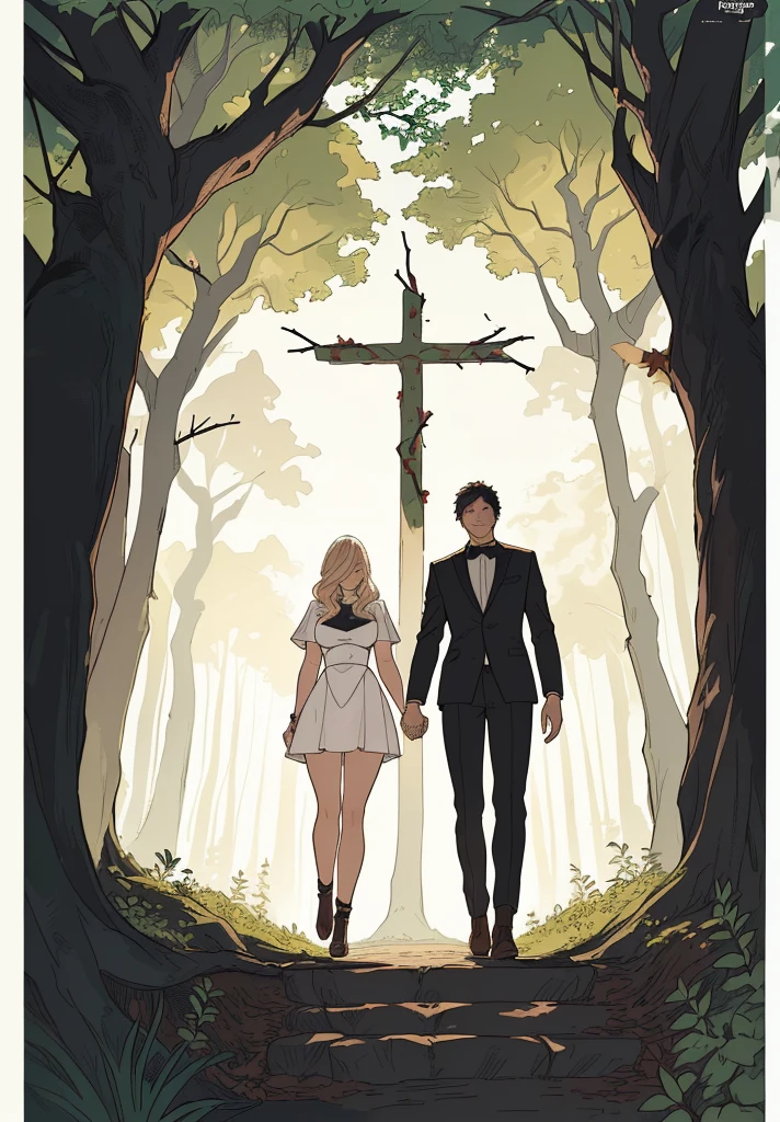 A man and a woman walking through the forest holding hands, Adam and Eve, the man and the woman both wear a primal outfit, The Fall of Man, surrounded by thorns, artistic concept for a book cover