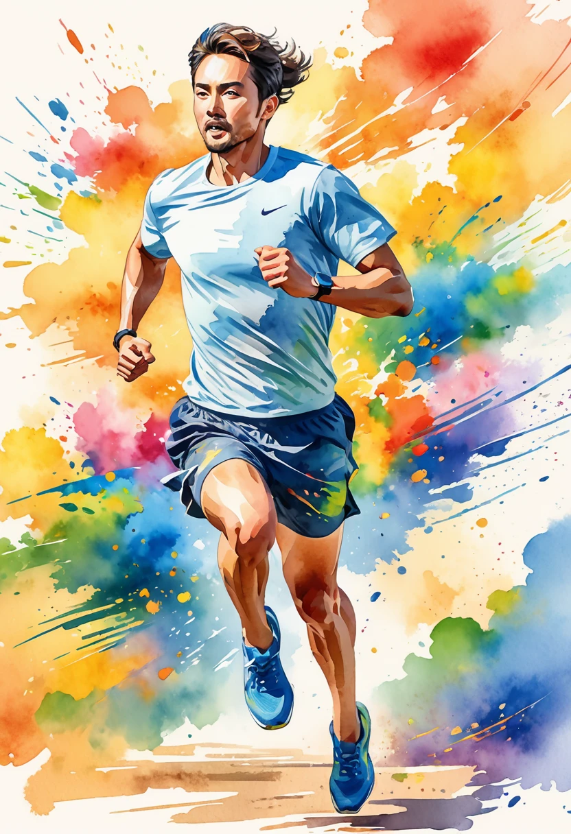 there is a man running with a colorful background, artistic illustration, sprinting, dynamic active running pose, artistic rendering, artistic depiction, painterly illustration, a beautiful artwork illustration, 5 k, 5k, art illustration, running pose, colorful illustration, watercolor illustration, watercolor digital painting, watercolor illustration style, running, artistic interpretation, digital watercolor